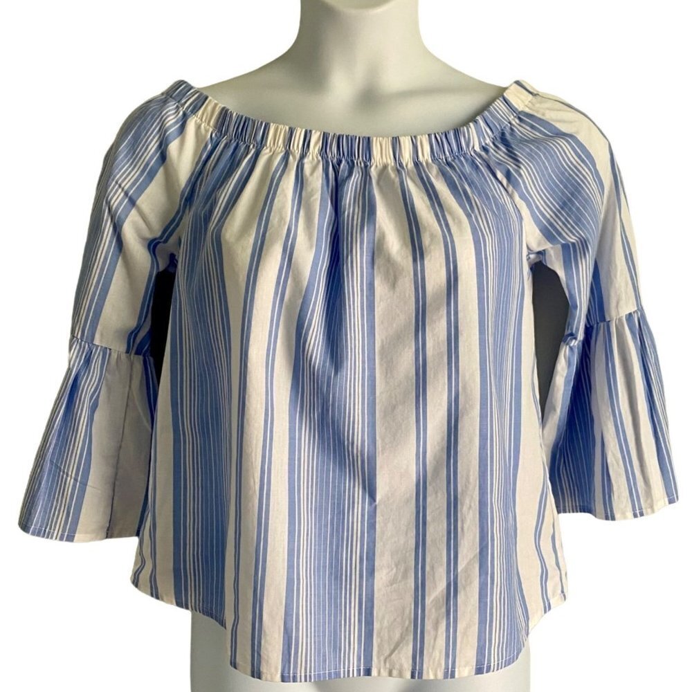 No Comment NYLA Blue White Cotton Off Shoulder Shirt Bell Sleeves Large NEW
